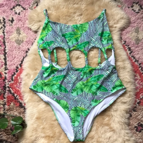 ASOS Graphic Leaf Tab Print Cut Out Swimsuit - Picture 6 of 6